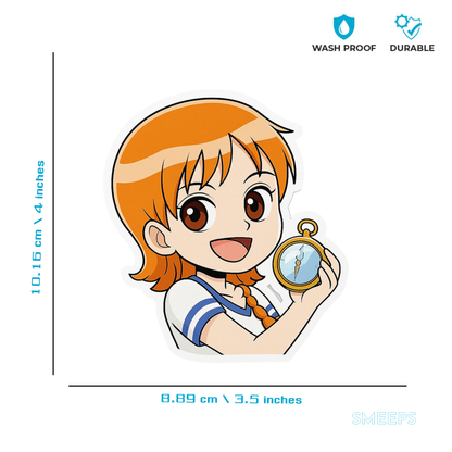 Smeeps Nami Chibi Sticker – 10.16 x 8.89 cm Car & Bike Vinyl Decal | Cute Anime Compass Design | Waterproof & UV-Resistant