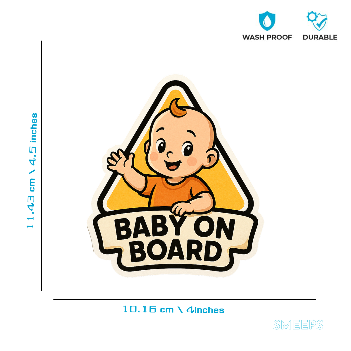 Smeeps Baby On Board Car Sticker – Cute Cartoon Baby Safety Sign | 10.16 x 11.43 cm Premium Vinyl Decal | Waterproof & Durable