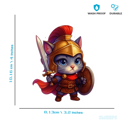 Smeeps Warrior Cat Sticker – 10.16 x 8.13 cm Cute Knight Cat Vinyl Decal | Car, Bike, Laptop Sticker | Waterproof & UV Resistant