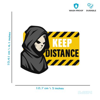 Smeeps Keep Distance Sticker – 10.41 x 12.7 cm Car & Bike Vinyl Decal | Hooded Character Safety Warning Design | Waterproof & Durable