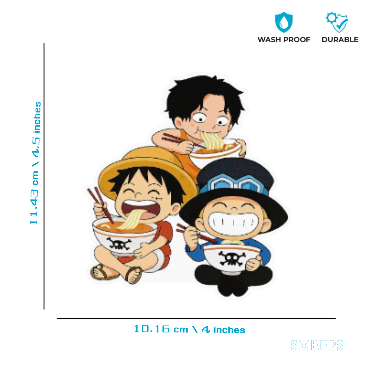 Smeeps One Piece Brothers Eating Ramen Sticker – 10.16 x 11.43 cm Car & Bike Vinyl Decal | Luffy, Ace & Sabo Chibi Design | Waterproof & UV Resistant