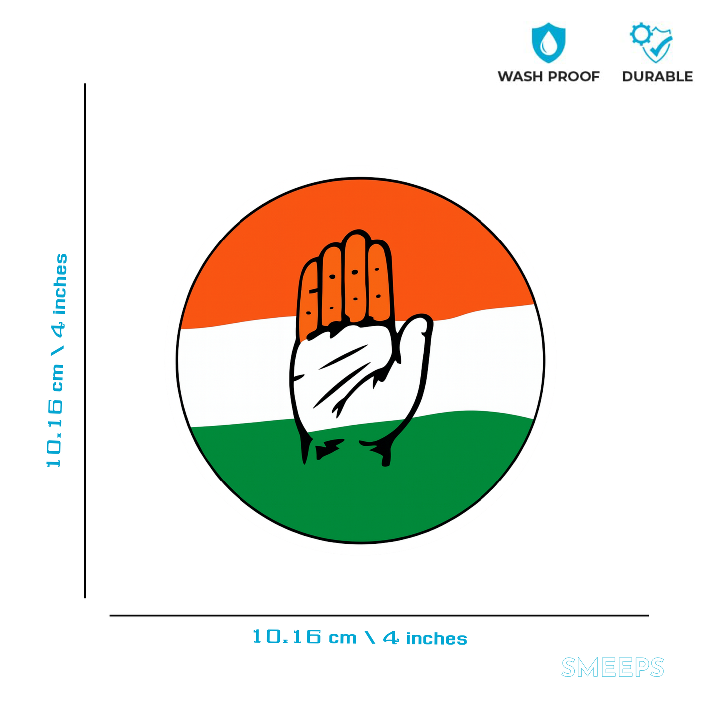 Smeeps Congress Tricolour Hand Symbol Sticker – 10.16 x 10.16 cm Round Vinyl Car & Bike Decal | Waterproof & UV Resistant | Indian National Congress Logo Sticker