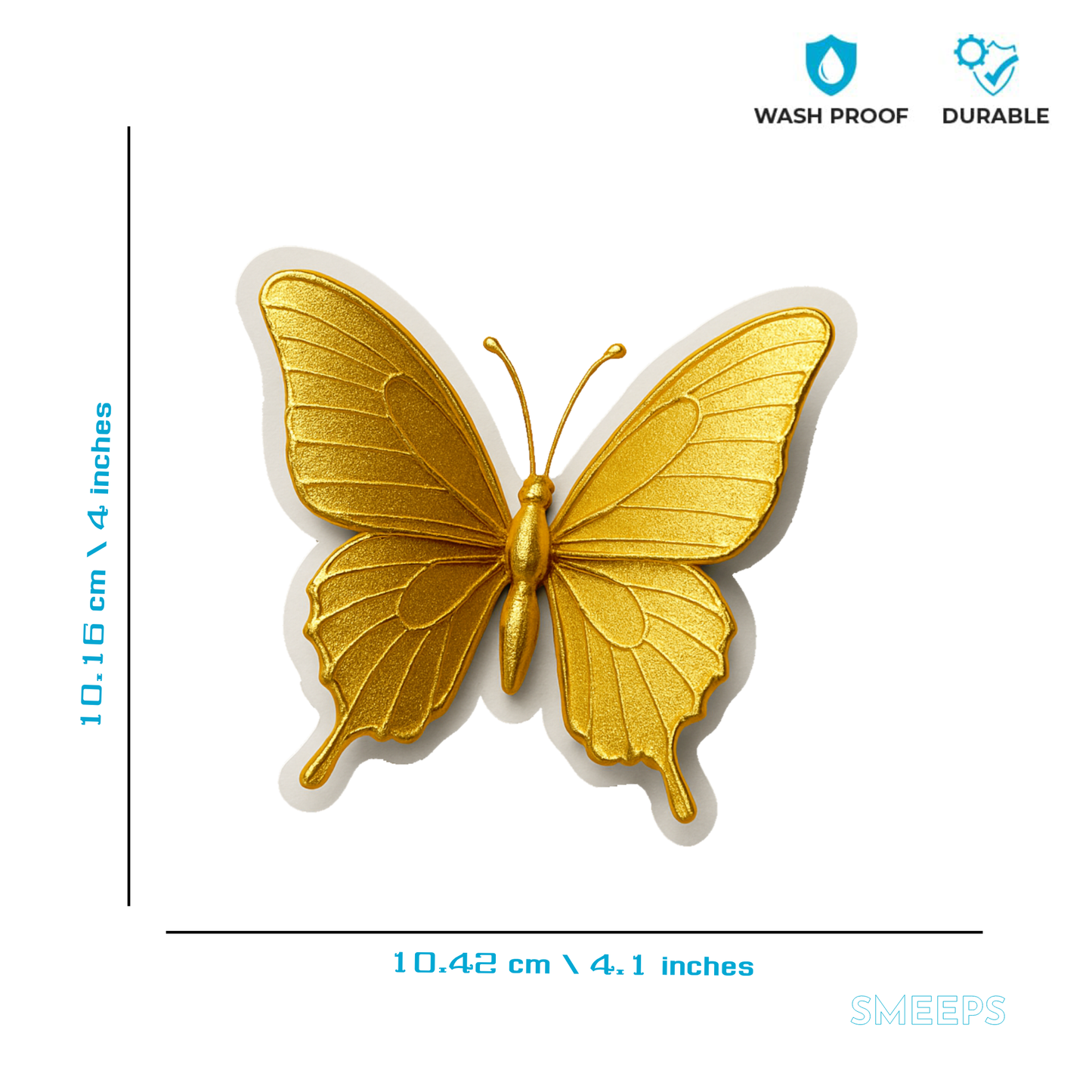 Smeeps Golden Butterfly Sticker – 10.42 x 10.16 cm Premium Vinyl Decal | 3D Metallic Effect | Waterproof & UV Resistant Car/Bike Sticker