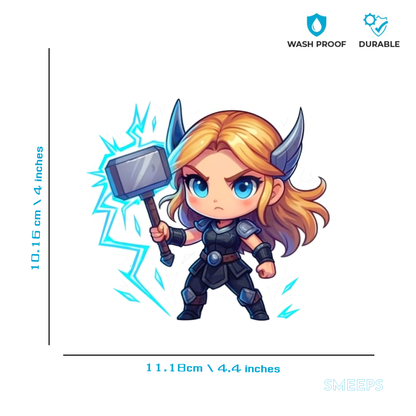 Smeeps Thunder Warrior Girl Sticker – 10.16 x 11.18 cm Chibi Superhero Vinyl Decal | Car, Bike, Laptop Waterproof Sticker