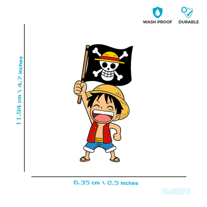 Smeeps Luffy Pirate Flag Sticker – 11.94 x 6.35 cm Car & Bike Decal | One Piece Anime Vinyl | Waterproof & UV Resistant