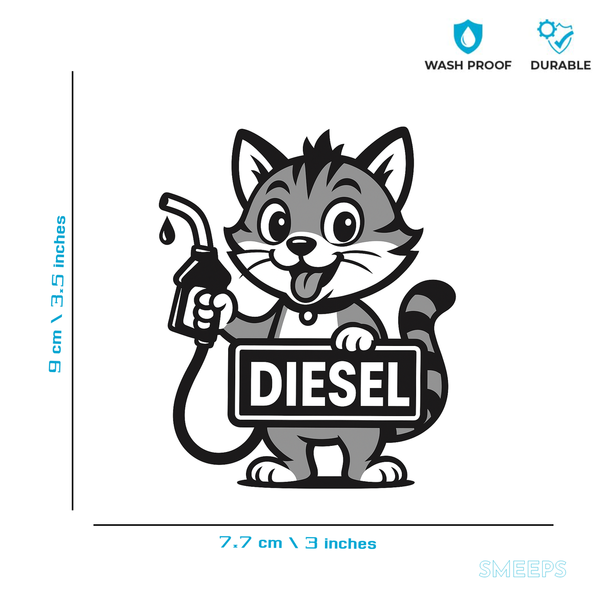 Smeeps Diesel Cat Sticker – 9 x 7.7 cm Cute Cartoon Fuel Nozzle Car & Bike Vinyl Decal | Waterproof | Clear Diesel Identification
