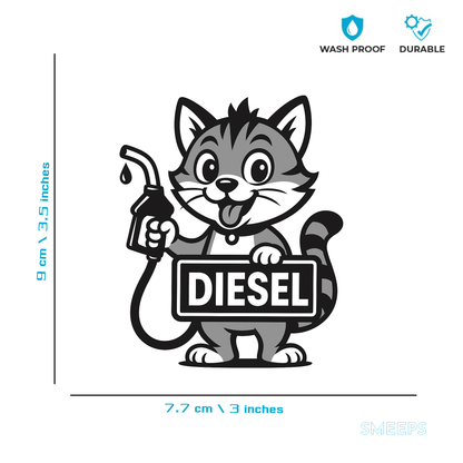 Smeeps Diesel Cat Sticker – 9 x 7.7 cm Cute Cartoon Fuel Nozzle Car & Bike Vinyl Decal | Waterproof | Clear Diesel Identification