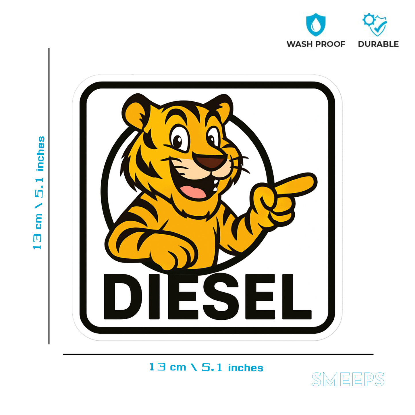 Smeeps Diesel Fuel Sticker – 13 x 12 cm | Cartoon Tiger Design | Bold Square Car Fuel Label for Diesel Vehicles