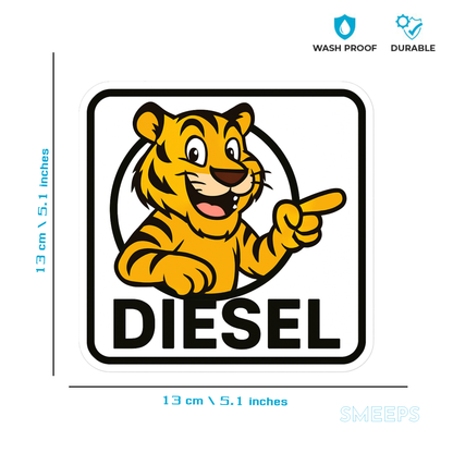 Smeeps Diesel Fuel Sticker – 13 x 12 cm | Cartoon Tiger Design | Bold Square Car Fuel Label for Diesel Vehicles