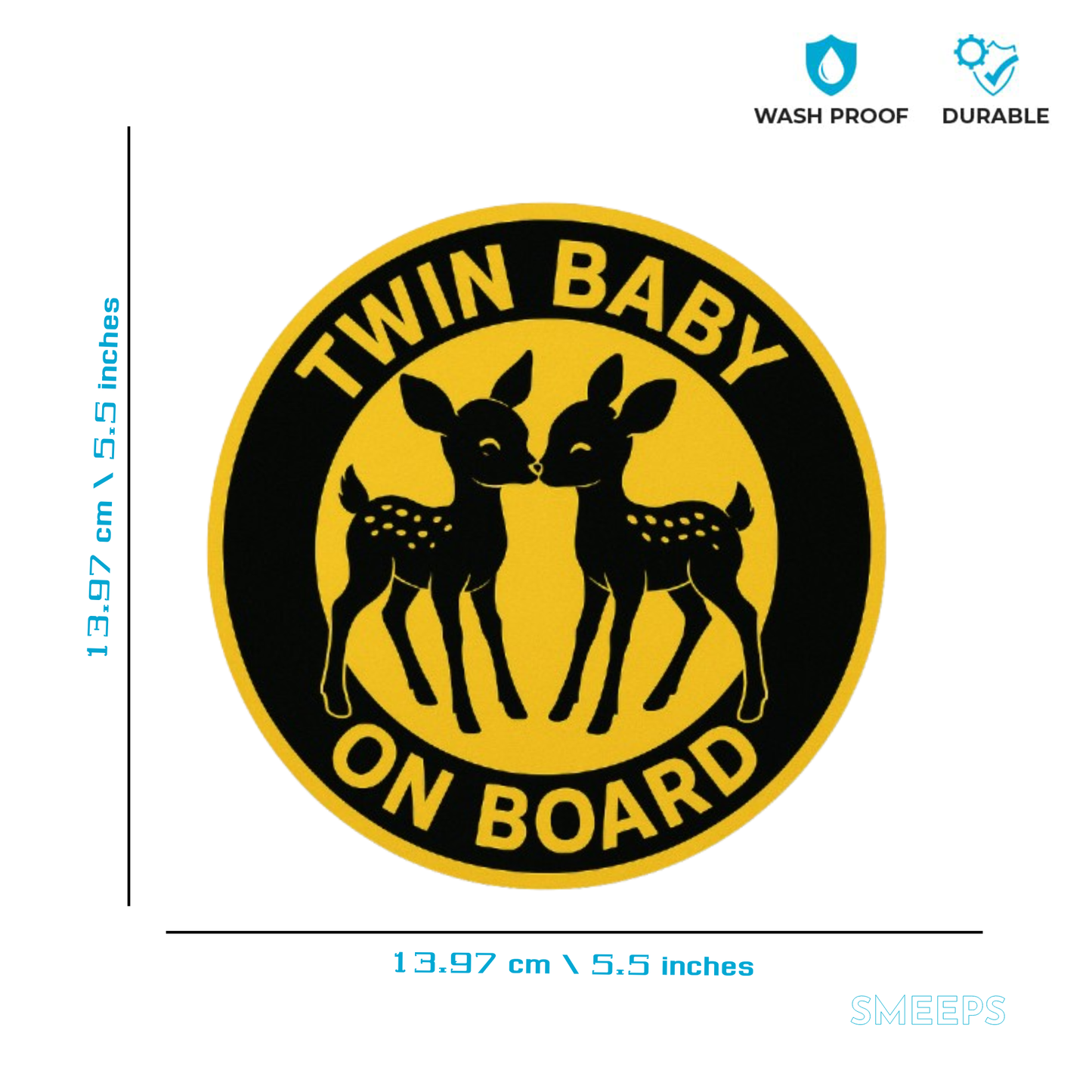 Smeeps Twin Baby on Board Sticker – 13.97 x 13.97 cm | Cute Twin Deer Design | Yellow & Black Wildlife Theme for Car Windows