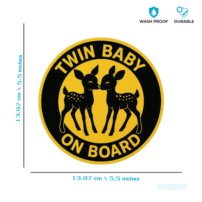 Smeeps Twin Baby on Board Sticker – 13.97 x 13.97 cm | Cute Twin Deer Design | Yellow & Black Wildlife Theme for Car Windows