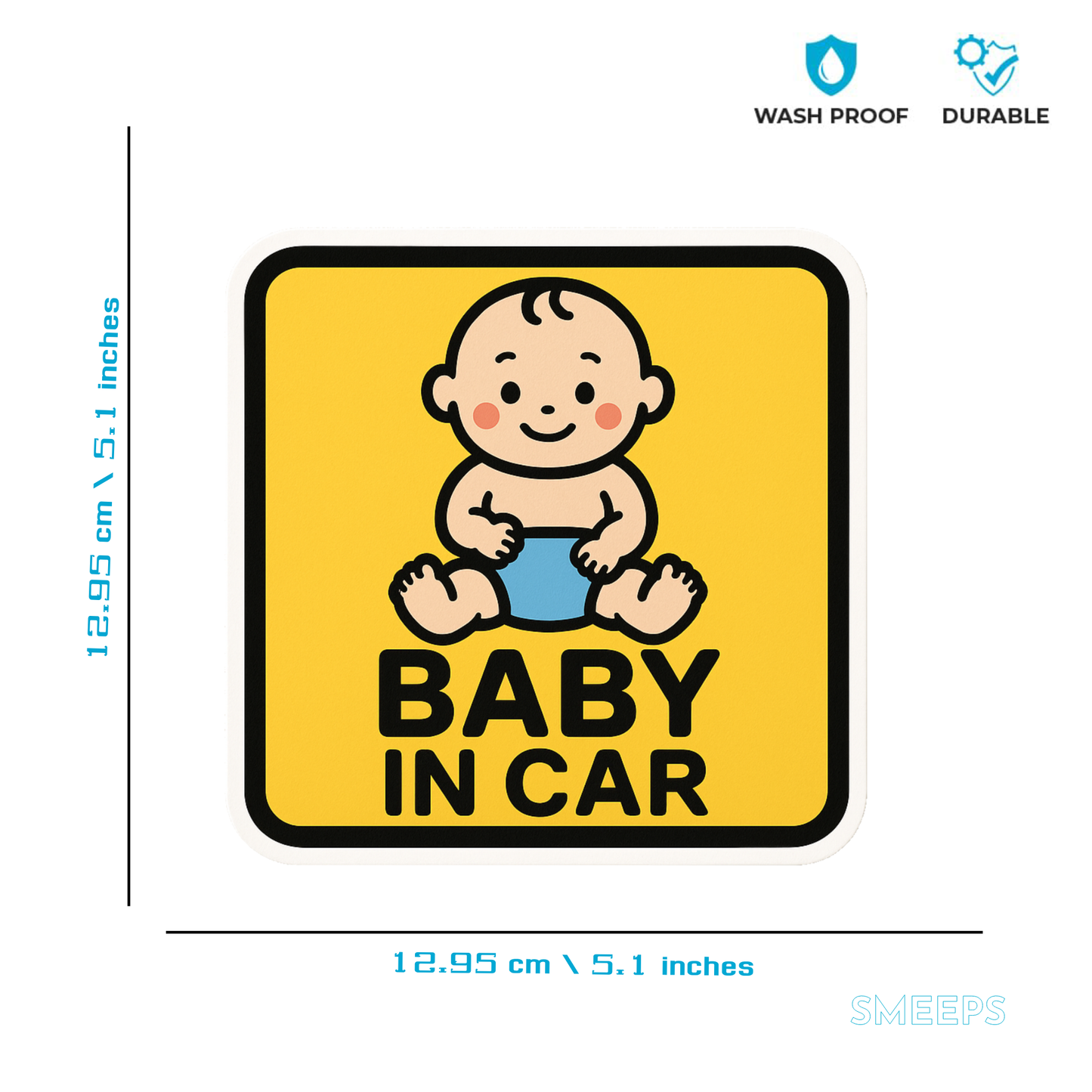 Smeeps Baby in Car Sticker – Yellow Square Design – 12.95 x 12.95 cm | Baby Safety Car Sign for Vehicles