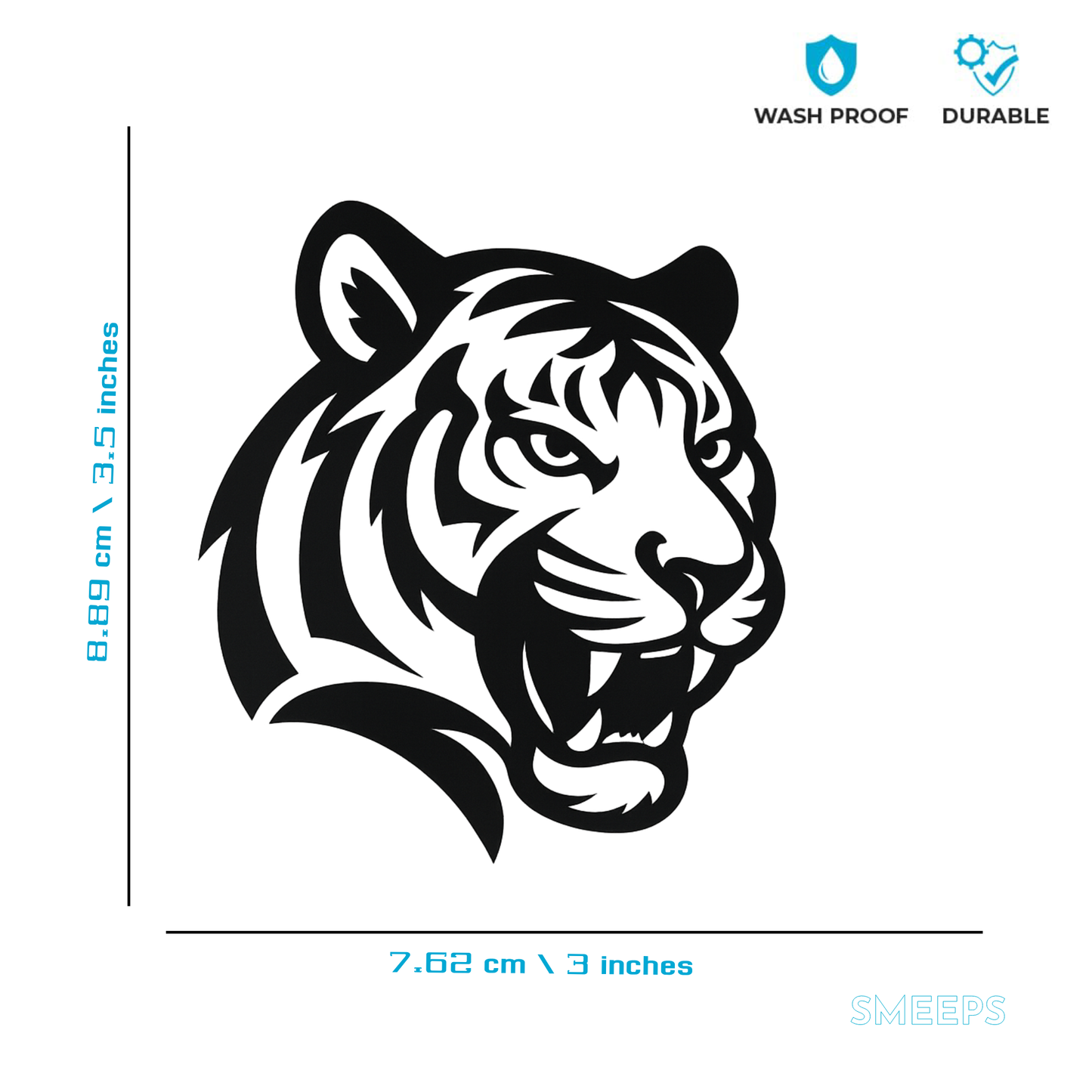 Smeeps Tiger Head Sticker – 8.89 x 7.62 cm Car & Bike Vinyl Decal | Bold Wildcat Design | Waterproof & Durable Black Graphic