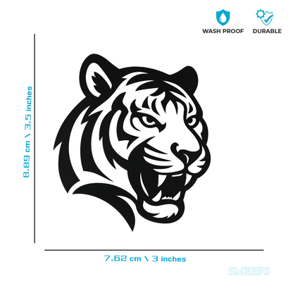Smeeps Tiger Head Sticker – 8.89 x 7.62 cm Car & Bike Vinyl Decal | Bold Wildcat Design | Waterproof & Durable Black Graphic