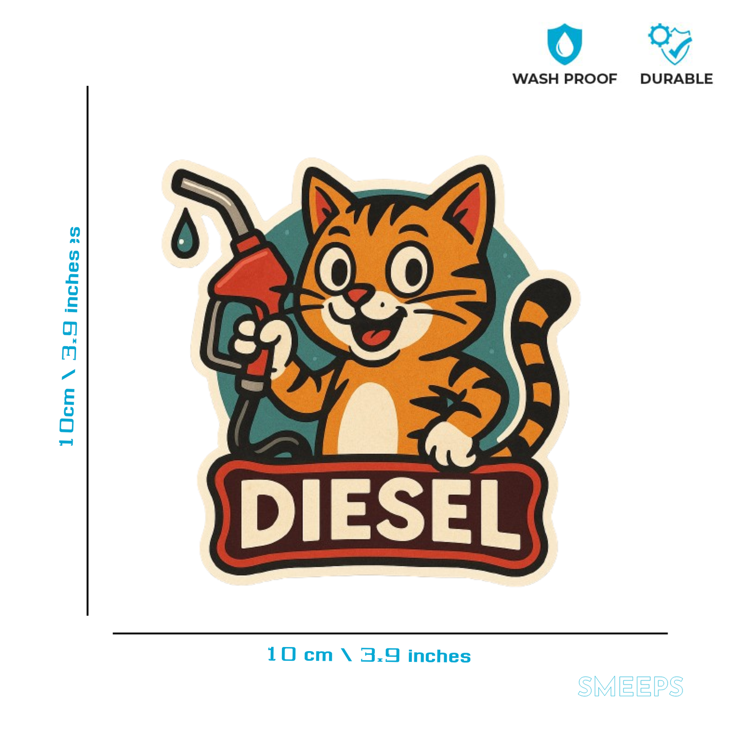 Smeeps Diesel Fuel Sticker – 10 x 10 cm Cute Orange Cat Holding Pump | Retro Style Car Fuel Reminder | Waterproof & Weatherproof Vinyl