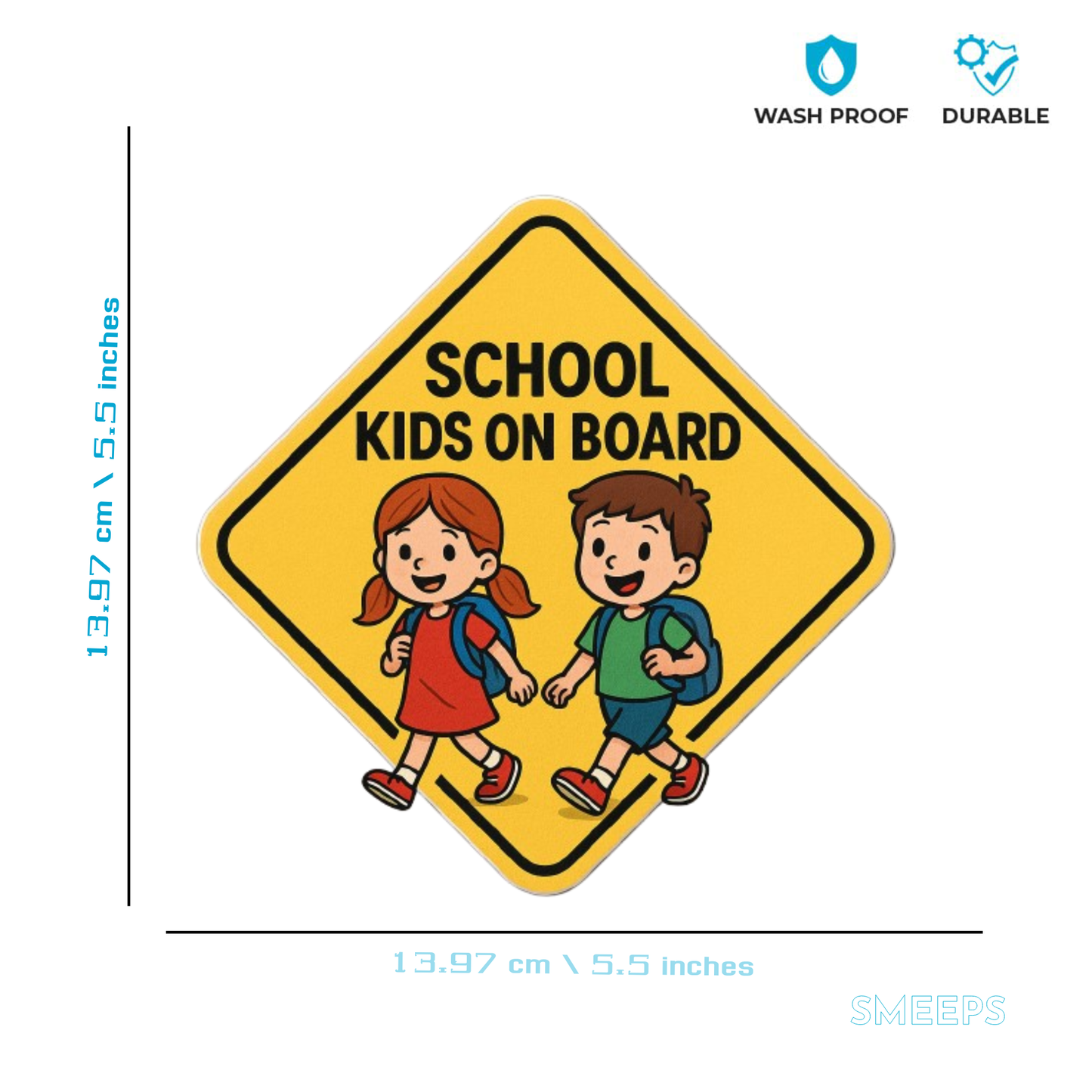 Smeeps School Kids on Board Sticker – 13.97 x 13.97 cm | Cute Yellow School Safety Sign for Buses & Vans