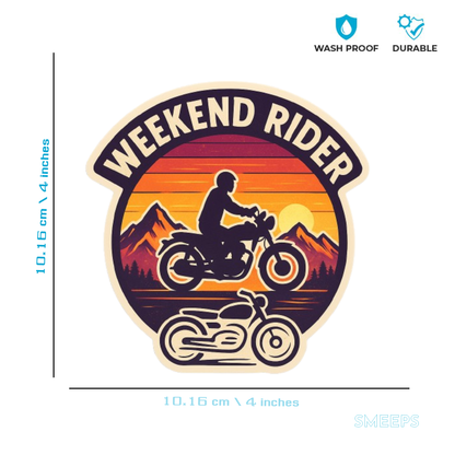 Smeeps Weekend Rider Mountain Sticker – 10.16 x 10.16 cm | Adventure Vinyl Bike Decal (Sunset & Silhouette Design)