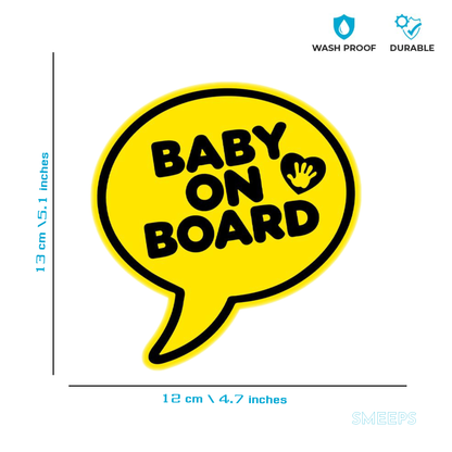 Smeeps Baby On Board Sticker – 12 x 13 cm Speech Bubble Design | Yellow Vinyl with Handprint Heart Icon | Car Safety Warning Decal