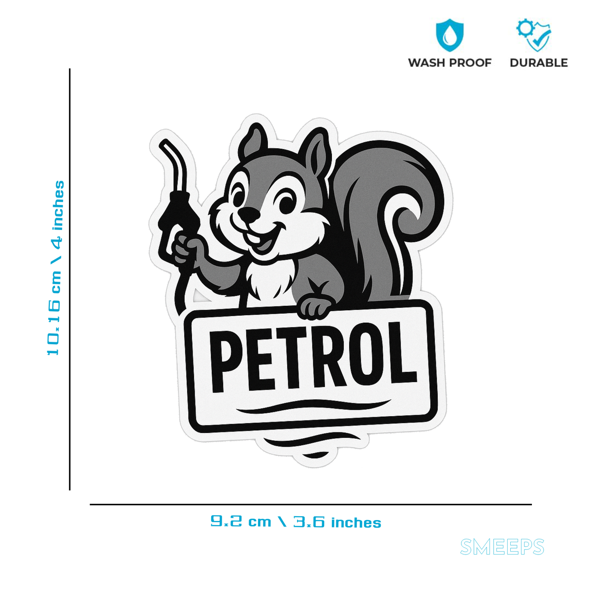 Smeeps Petrol Squirrel Sticker – 10.16 x 9.2 cm Car & Bike Vinyl Decal | Cute Fuel Icon Label | Waterproof & Durable Design