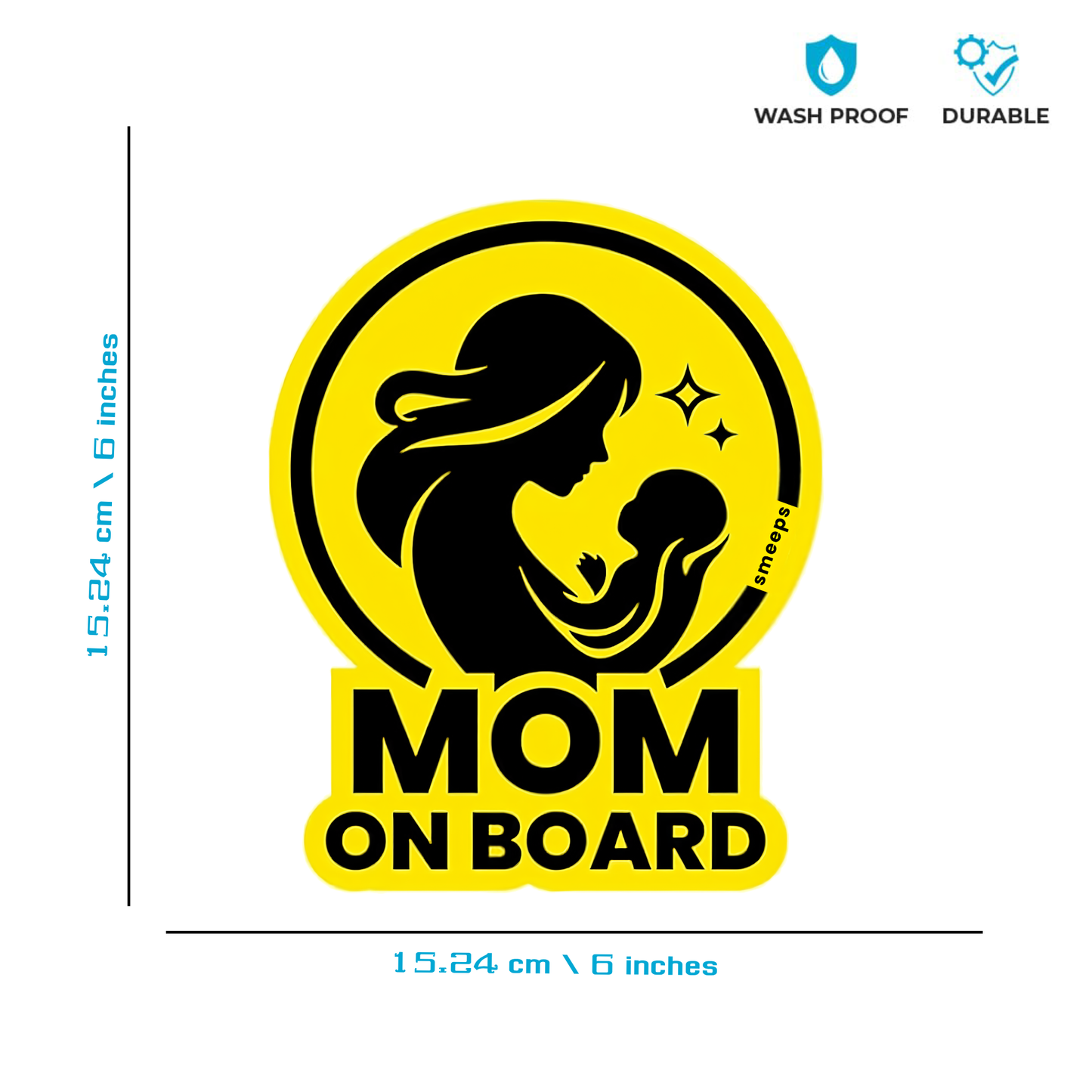 Pack of 2 | Smeeps Mom On Board Safety Sticker – 15.24 cm Car Window Sign for Mothers | High-Visibility Yellow Vinyl Decal