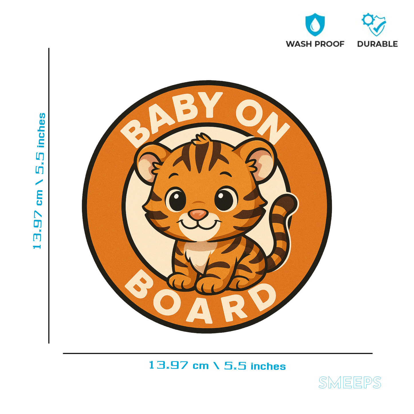 Smeeps “Baby On Board” Car Sticker – Cute Tiger Design – 13.97 x 13.97 cm | Animal Car Safety Sign for Kids