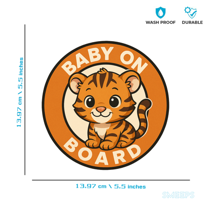 Smeeps “Baby On Board” Car Sticker – Cute Tiger Design – 13.97 x 13.97 cm | Animal Car Safety Sign for Kids