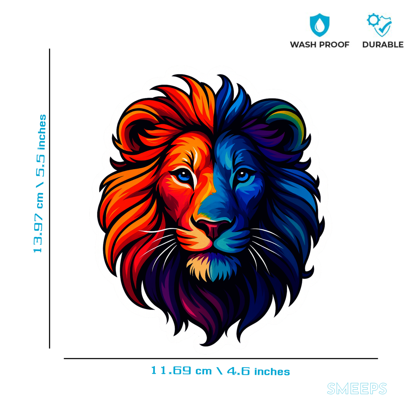 Smeeps Colourful Lion Head Sticker – 13.97 x 11.69 cm Car & Bike Vinyl Decal | Vibrant Multicolor Art Design | Waterproof & Fade-Resistant