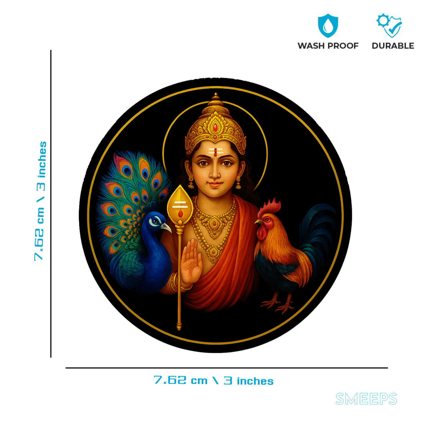 Smeeps Lord Murugan Round Sticker – 7.62 x 7.62 cm Car & Bike Vinyl Decal | Peacock & Rooster Artwork | Waterproof & UV-Proof Devotional Design