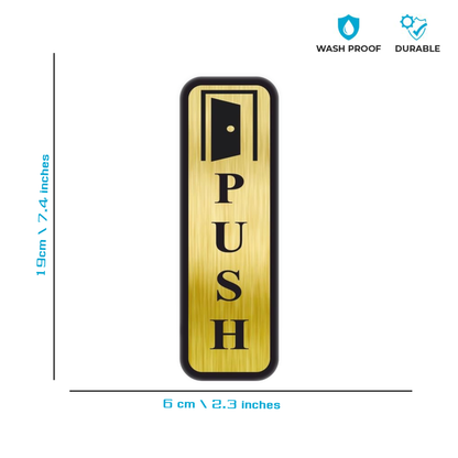 Smeeps Vertical “PUSH” Door Sign – 19 x 6 cm | Gold Brushed Finish with Black Border | Adhesive Back | Stylish & Durable Metal-Look Plate for Offices, Shops, and Hotels