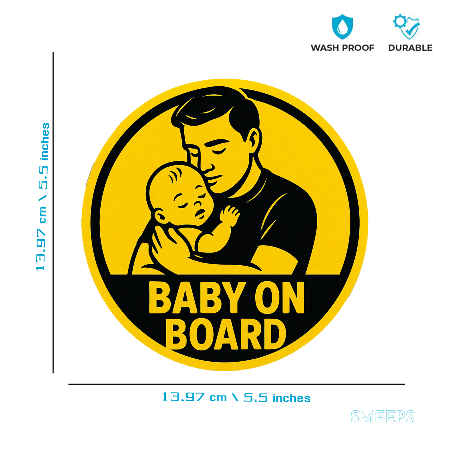 Smeeps Baby on Board Sticker – Father Holding Baby Design – 13.97 x 13.97 cm | High-Visibility Yellow Safety Sign for Cars