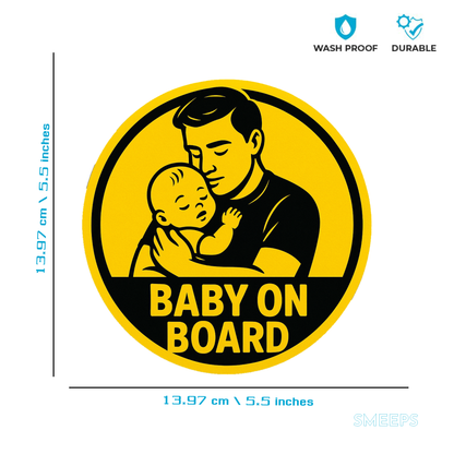 Smeeps Baby on Board Sticker – Father Holding Baby Design – 13.97 x 13.97 cm | High-Visibility Yellow Safety Sign for Cars