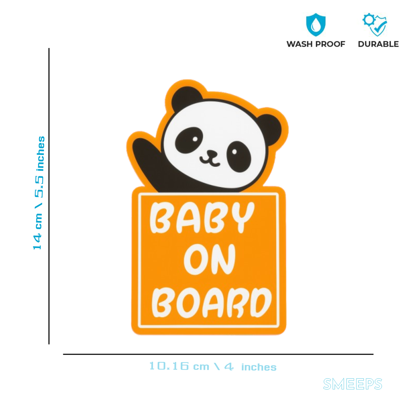 Smeeps Baby On Board Sticker – 14 x 10.16 cm Design with Cute Panda Peek & Bold Orange Frame | Waterproof & Fade Resistant Car Safety Decal