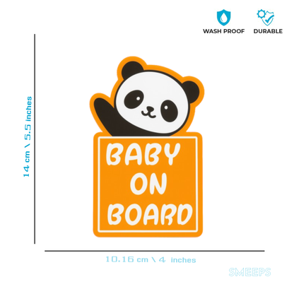 Smeeps Baby On Board Sticker – 14 x 10.16 cm Design with Cute Panda Peek & Bold Orange Frame | Waterproof & Fade Resistant Car Safety Decal