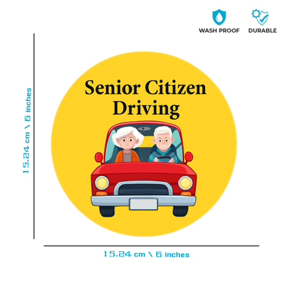 Smeeps Senior Citizen Driving Sticker – 15.24 cm Round | Friendly Elderly Couple Design | Yellow & Red High-Visibility Car Sign
