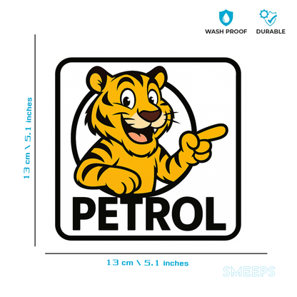 Cartoon Tiger Petrol Sticker – 13 x 13 cm | Fun & Bold Petrol Fuel Indicator Decal | Waterproof Vinyl for Cars