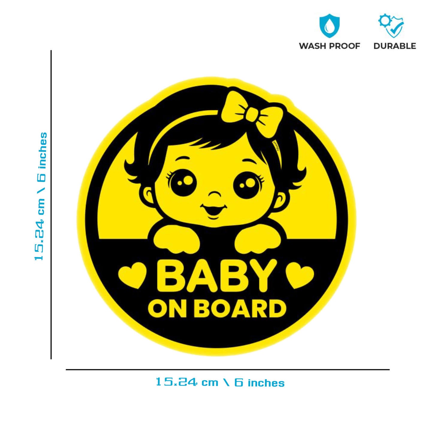 Smeeps Baby on Board Sticker – 15.24 cm Round | Cute Baby Girl Design with Bow | Yellow & Black Waterproof Car Safety Sign