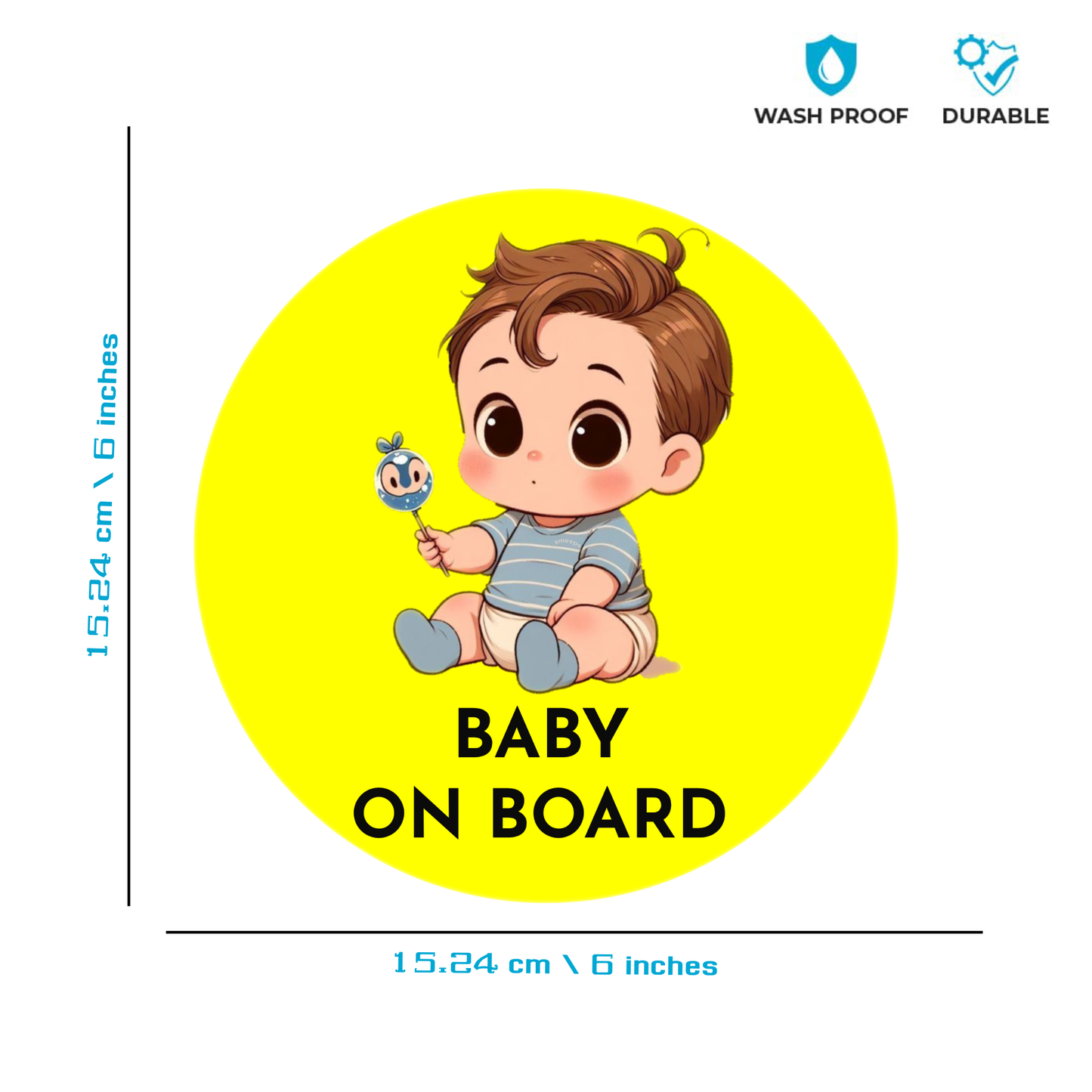 Smeeps Baby on Board Sticker – 15.24 cm Round | Cute Cartoon Baby Boy with Toy Design | Yellow & Black Waterproof Car Safety Sign