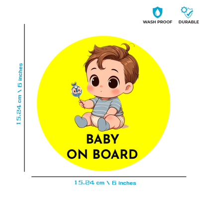 Smeeps Baby on Board Sticker – 15.24 cm Round | Cute Cartoon Baby Boy with Toy Design | Yellow & Black Waterproof Car Safety Sign