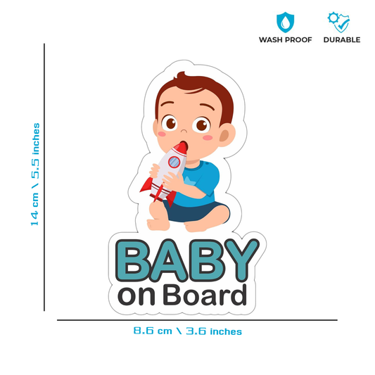 Pack of 2 | Smeeps Baby on Board Sticker – 14 x 8.6 cm | Cute Baby Boy with Rocket Design | Waterproof Vinyl Car Safety Sign
