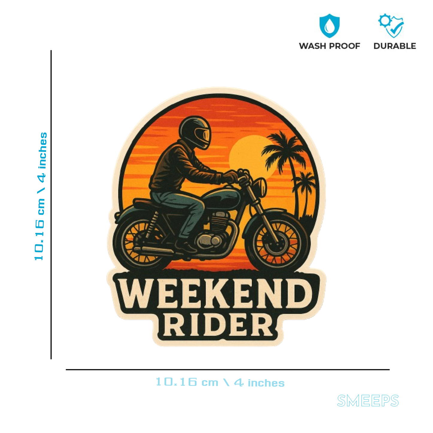 Smeeps Weekend Rider Sticker – 10.16 x 10.16 cm | Sunset Scene Vinyl Bike Decal (Bold Rider & Palm Silhouette Design)