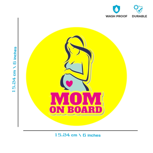 Pack of 2 | Smeeps Mom on Board Sticker – 15.24 cm Round | Stylish Pregnant Mom Design | Bright Yellow Waterproof Car Safety Sign