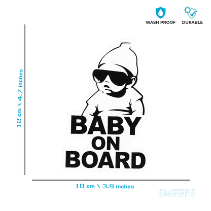 Smeeps “Baby On Board” Stylish Car Sticker – Cool Sunglass Baby Design – 13.97 x 13.97 cm | Waterproof Vinyl for Safety Awareness