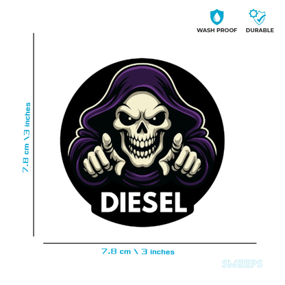 Smeeps Grim Reaper Diesel Sticker – 7.8 x 7.8 cm Bold Skull Hooded Figure Design | Round Waterproof Vinyl Decal for Cars Only