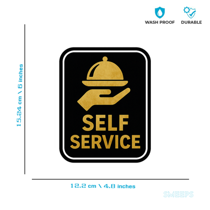 Smeeps Self Service Sticker – 12.2 x 15.24 cm Gold & Black Sign | Waterproof, Durable Vinyl for Cafes, Hotels & Restaurants