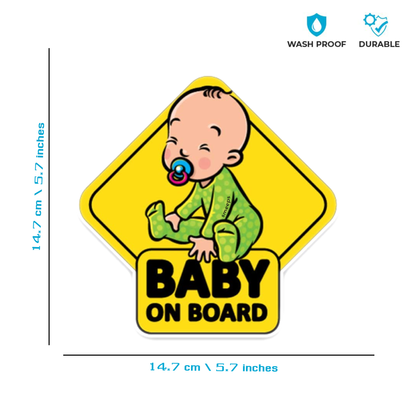 Smeeps Baby on Board Car Sticker, 14.7 x 14.7 cm Diamond Shape – Smiling Baby in Green Pajamas, Waterproof Safety Sign for Vehicles