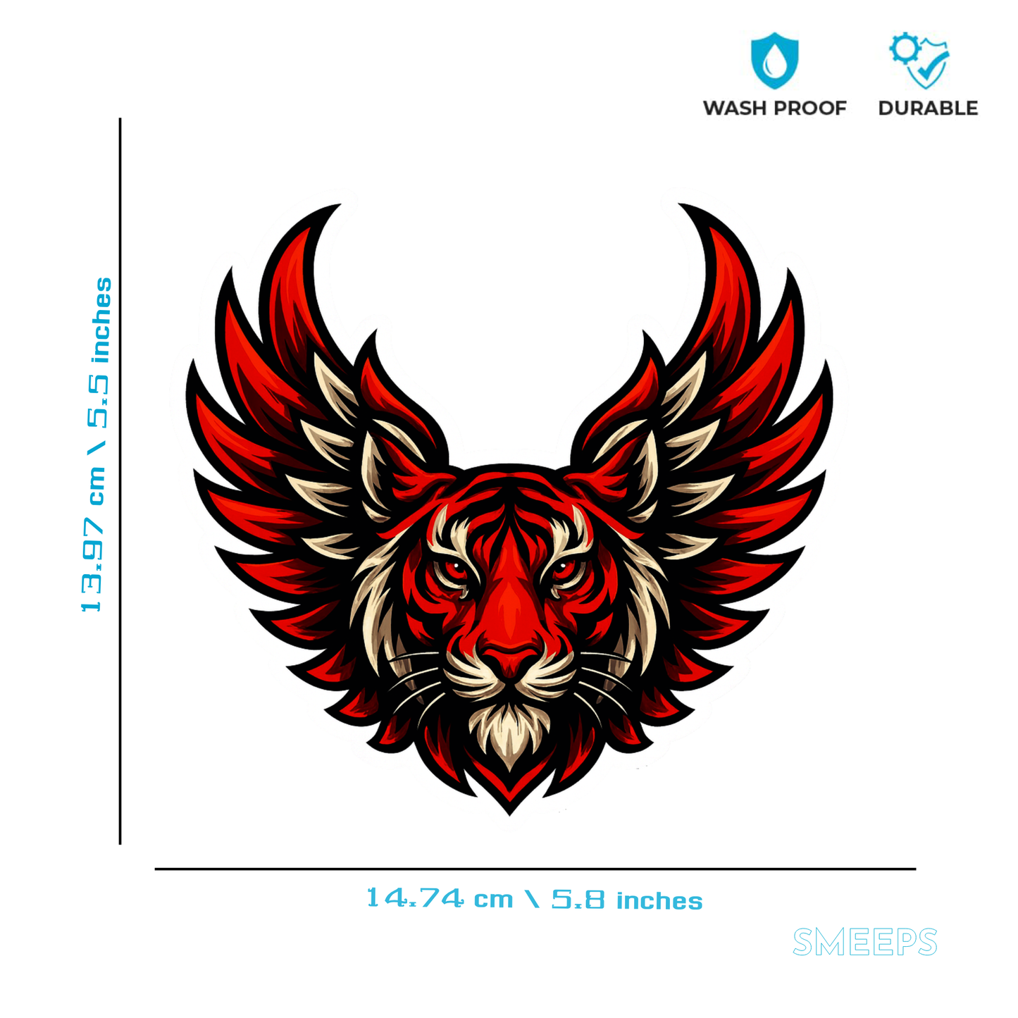 Smeeps Winged Tiger Sticker – 13.97 x 14.74 cm Car & Bike Vinyl Decal | Majestic Red Tiger Head with Wings | Waterproof & Durable Design