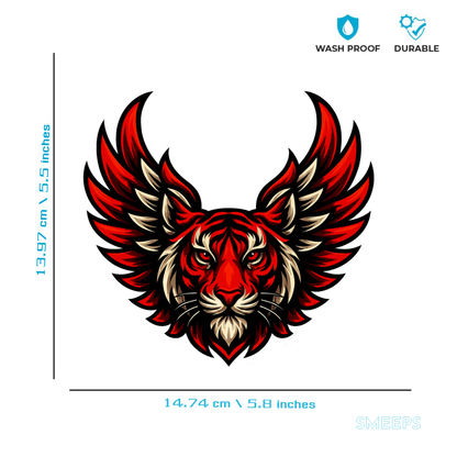 Smeeps Winged Tiger Sticker – 13.97 x 14.74 cm Car & Bike Vinyl Decal | Majestic Red Tiger Head with Wings | Waterproof & Durable Design