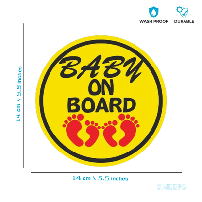 Smeeps Baby On Board Sticker – 14 x 14 cm Round Design with Red Baby Footprints | Bright Yellow Car Safety Sign | Waterproof & Fade Resistant Vinyl
