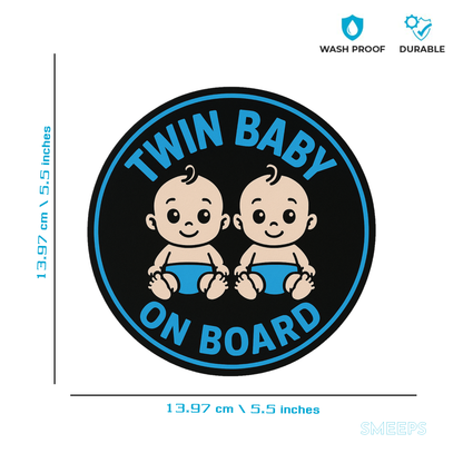 Smeeps Twin Baby on Board Sticker – 13.97 x 13.97 cm | Cute Cartoon Style Twins in Blue | Car Safety Sign for Boys
