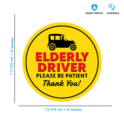 Smeeps Elderly Driver Please Be Patient Sticker – 15.24 cm Round | Bold Vintage Car Design | Yellow, Red & Black Safety Sign